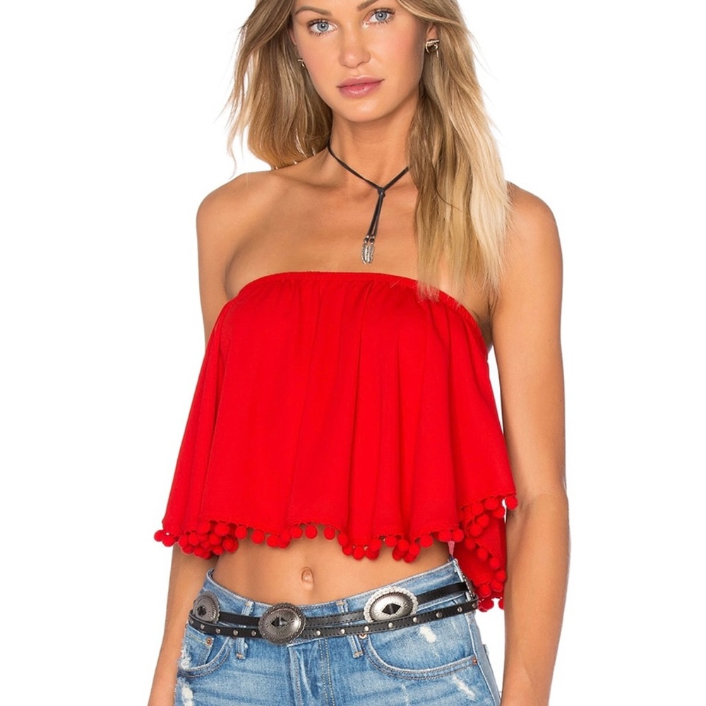 Show Me Your Mumu Pom Pom Sleeveless Off the Shoulder Cropped Top